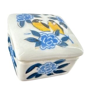 Ceramic Trinket Box Small 1.5" X 1.5" Birds Flowers China Cute Mother's Day Gift